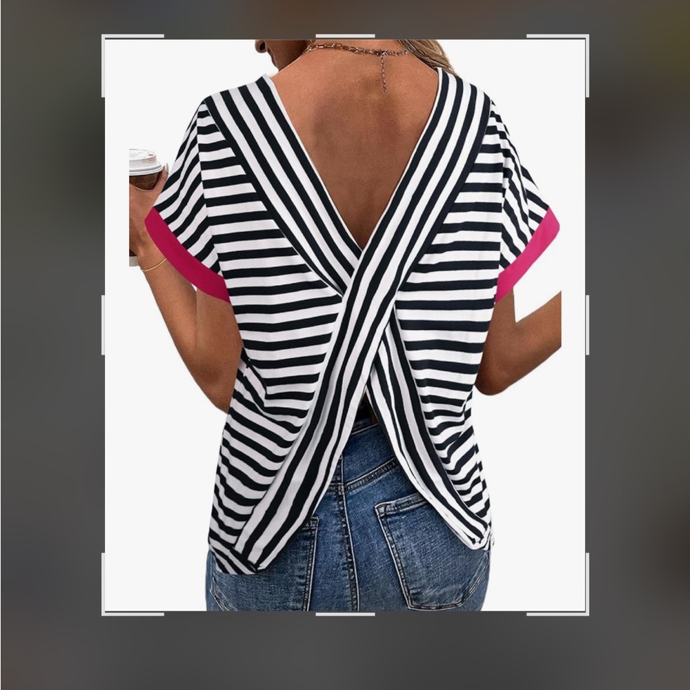 Women's Black & White Striped Short Sleeve Tee with Pink Trim - Picture 7 of 15